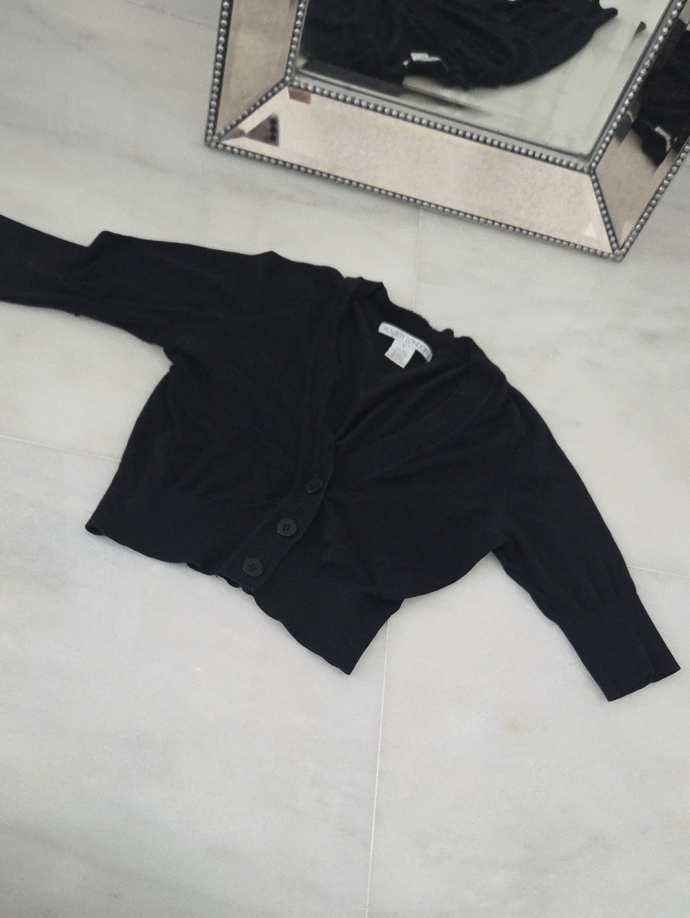 Maggy London Black Silk Blend Button-Front Cropped Cardigan
